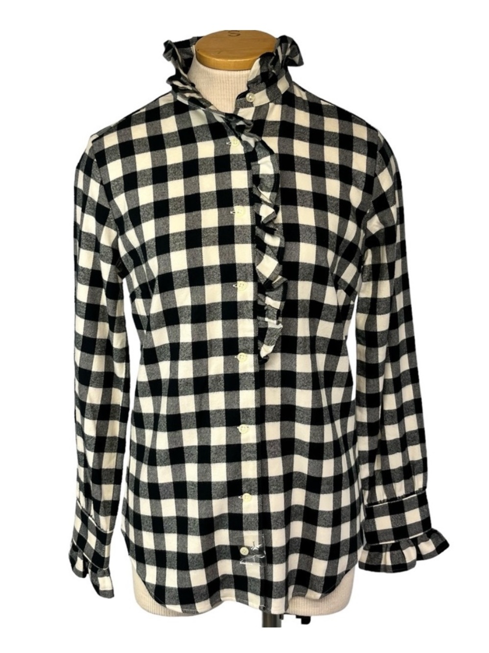 Ralph Lauren Sport Ruffled Black & White Buffalo Check Flannel Top Sz 8 Cotton